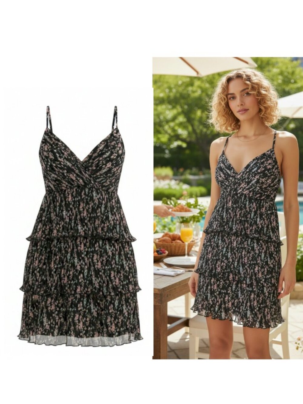 Lulus Quaint Cutie Black Floral Pleated Tiered Mini Dress Size Small New NWT